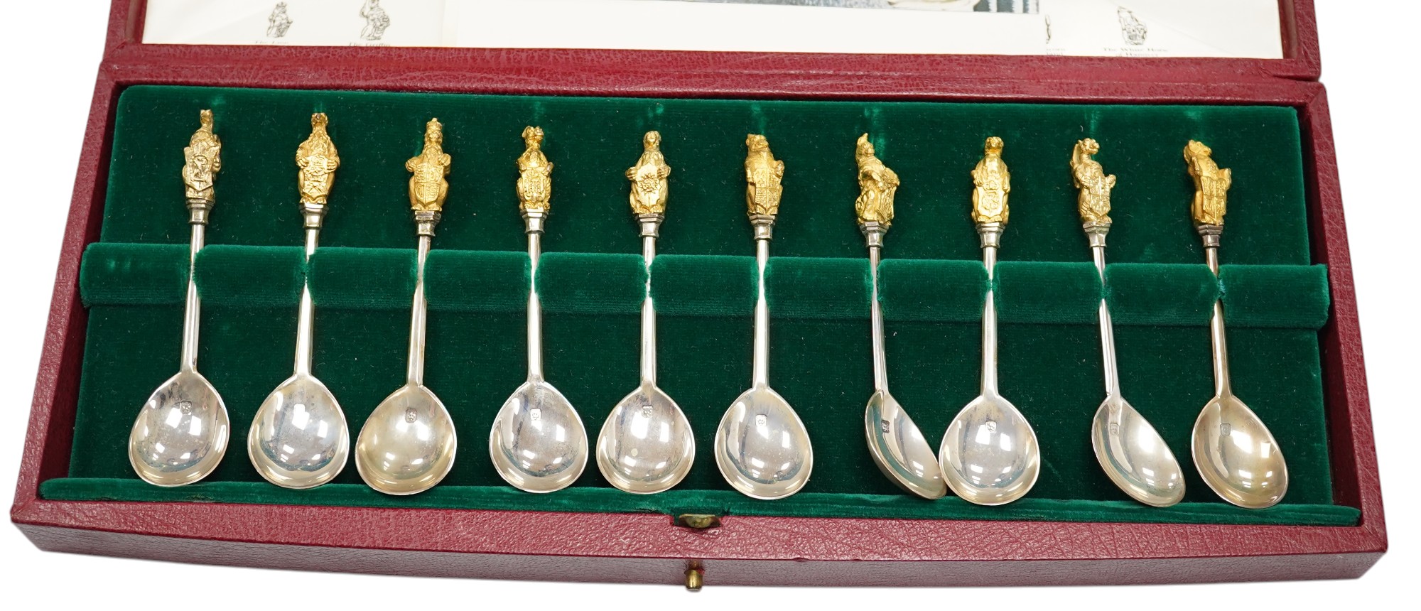 An Elizabeth II cased set of ten parcel gilt silver limited edition 'The Queens Beasts' commemorative spoons, by William Comyns & Sons Ltd, London, 1972, 11.8cm, 10.7oz. Condition - fair to good